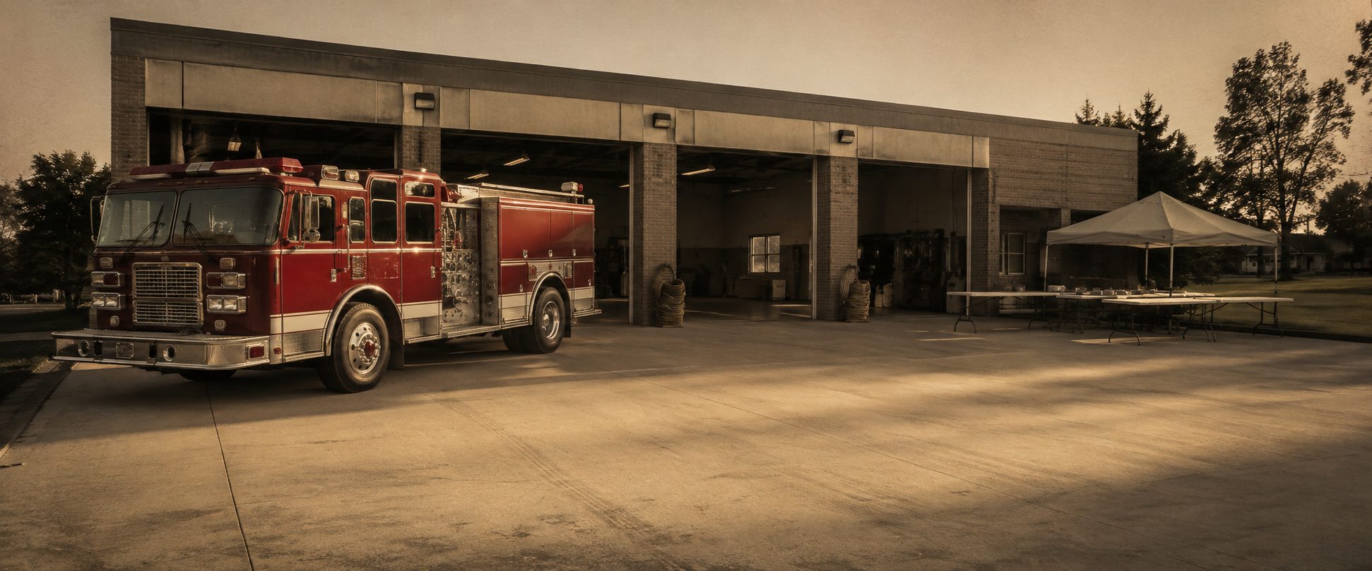 An engine parked outside the bays at the firehouse, with a tent set up on the apron.